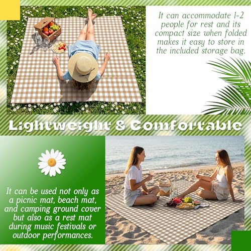 HunnmingRe Gingham Pocket Picnic Blanket Lightweight Portable, Khaki - color: Khaki, style: Gingham