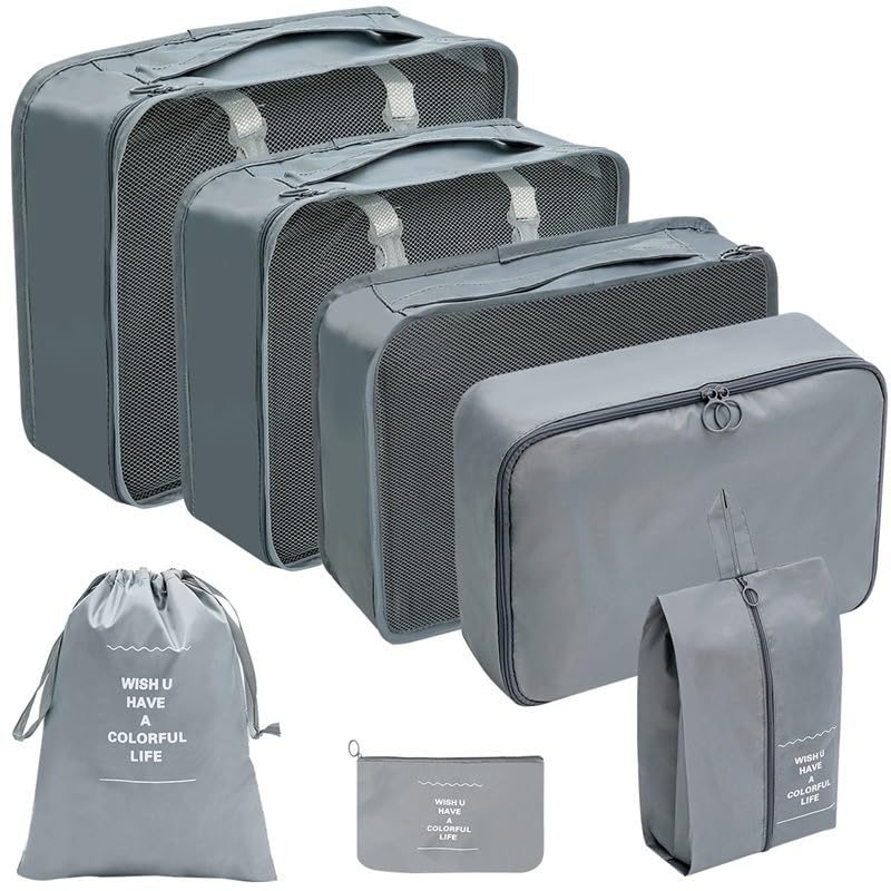 7-Piece Travel Packing Cube Set, Luggage Organizer with Mesh Panels, Includes Large, Medium, Small Cubes, Shoe Bag, Laundry Bag, Gray