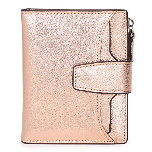 Women's RFID Blocking Leather Small Compact Bi-fold Zipper Pocket Wallet Card Case Purse with id Window - color: Lichee Champaign Gold