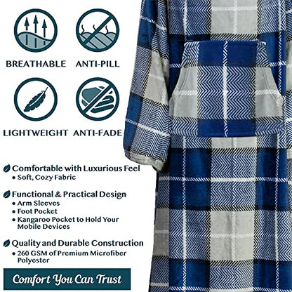 PAVILIA Fleece Blanket with Sleeves, Foot Pockets for Women Men, Plaid Blue - color: Plaid Navy, size: Fleece