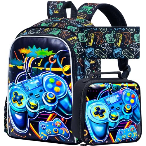 CCJPX 3Pcs Backpack for Boys, 16 Inch Preschool Elementary Kindergarten School Backpacks and Lunch Box - color: Aa2-game Grey