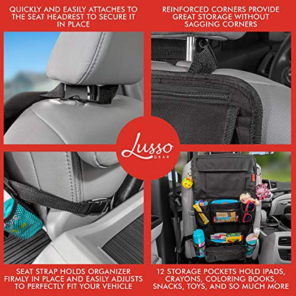 Lusso Gear Kids Travel Tray (Black) + Heavy Duty Car Seat Organizer (Black), Extra Large for Protection, Sag Proof & Reinforced Corners, Protects iPad & Backseat, 12 Versatile Car Seat Organizer Stora