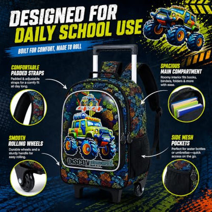 gxtvo Kids Rolling Backpack, Roller Wheels Boys Bookbag, Wheeled Suitcase Elementary School Bag-3PCS Dinosaur/Unicorn/Mermaid - color: Uv Printing Car Rolling Backpack