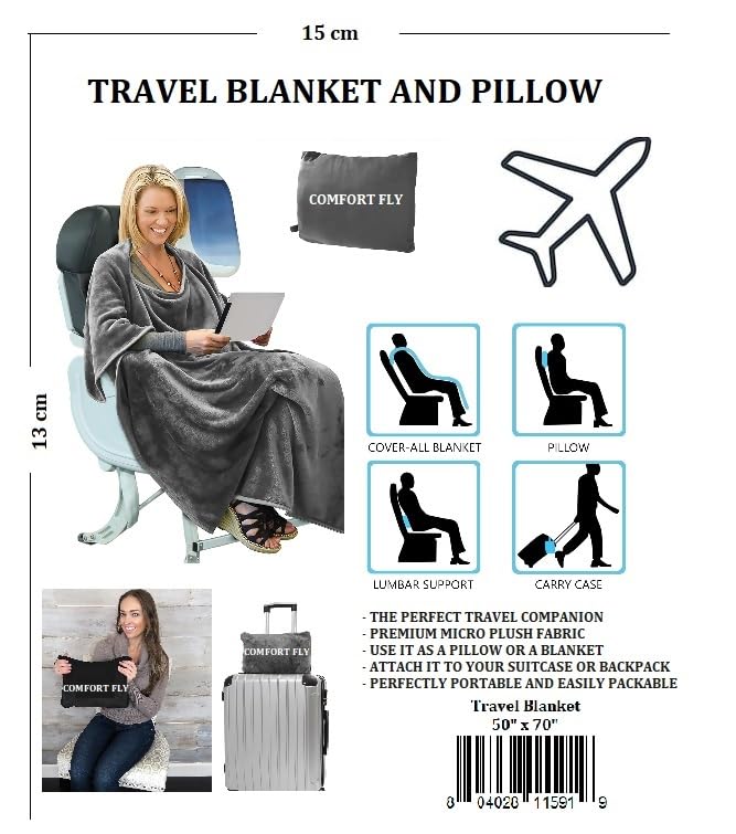 Comfort Fly Travel Blanket & Pillow – 2-in-1 Micro Plush Airplane Blanket with Carry Case (40" x 70") - Black - color: Black