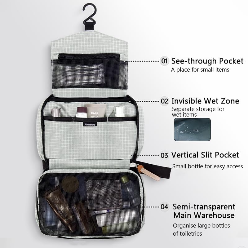 windhike Naturehike Hanging Toiletry Bag for Men Women, Water-Resistant - color: Grey-S