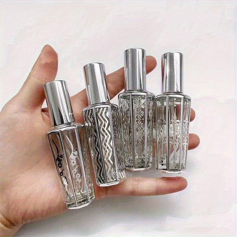 4pcs/set 15ml Random Patterns Glass Perfume Bottle Portable Refillable Empty Containers Cosmetic Spray Atomizer Travel Sub-Bottle Ultra Mist Sprayer (silver,4pcs) - color: silver, size: 0.5 Ounces