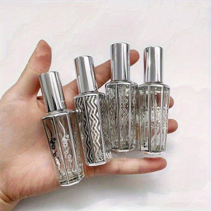4pcs/set 15ml Random Patterns Glass Perfume Bottle Portable Refillable Empty Containers Cosmetic Spray Atomizer Travel Sub-Bottle Ultra Mist Sprayer (silver,4pcs) - color: silver, size: 0.5 Ounces