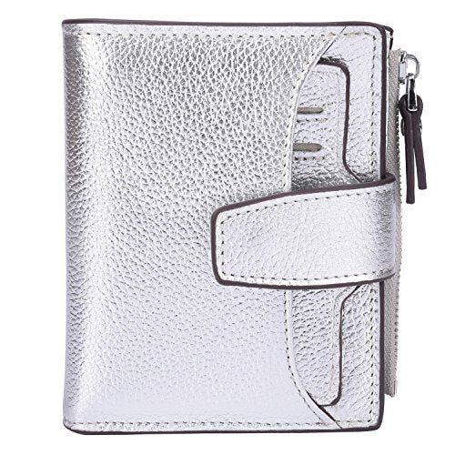 Women's RFID Blocking Leather Small Compact Bi-fold Zipper Pocket Wallet Card Case Purse with id Window - color: Lichee Silver