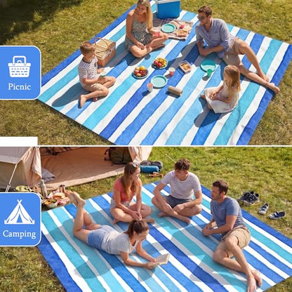 Blue Striped Beach Blanket, Large 79" x 83" Sandproof Waterproof Beach Mat - color: Blue Striped