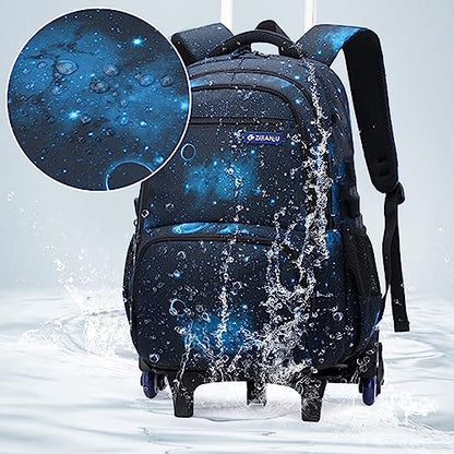 Mildame Geometric Print Rolling Backpack for School Boys Girls with Lunch Bag Teens Bookbag with Wheels Kids Trolley Bag Set, Six Wheels - color: Blue Set-6 Wheels