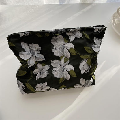Flat Makeup Bag for Women,Zipper Cosmetic Pouch Purse,Brocade Floral Black - color: Brocade Floral Black