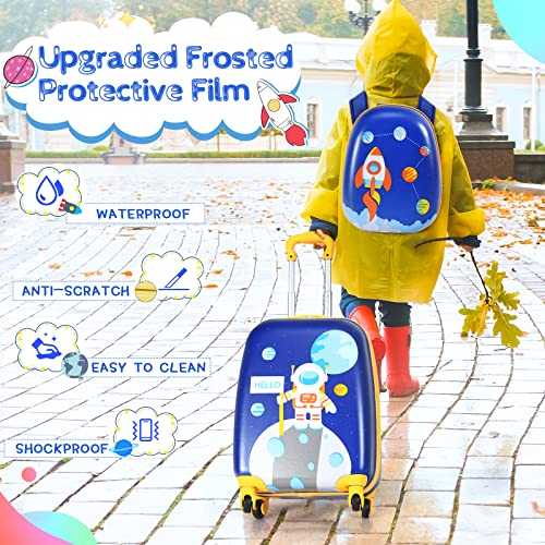 GYMAX Kids Carry On Luggage Set, 12" & 16" 2PCS Rolling Suitcase - color: Rocket & Astronaut