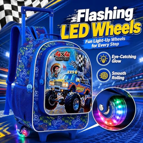 3Pcs Truck Rolling Backpack for Boys, Kids Wheel Backpack with Lunch Box, Lightweight Roller Backpack with Light-Up Wheels for Elementary Preschool Kindergarten (Blue) - color: Truck Blue