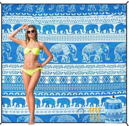HIHOHO Beach Blanket Waterproof Sandproof Quick Drying Mat for 1-8 Adults - color: Elephant-gc Bl, size: 6'11" x 6'7"
