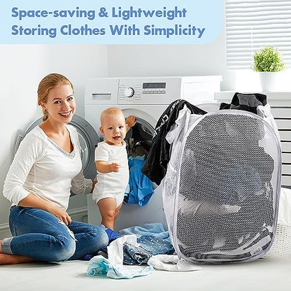 Pop Up Laundry Hamper, 70 L Collapsible Mesh Basket with Side Pocket, White - color: 1 PCS White