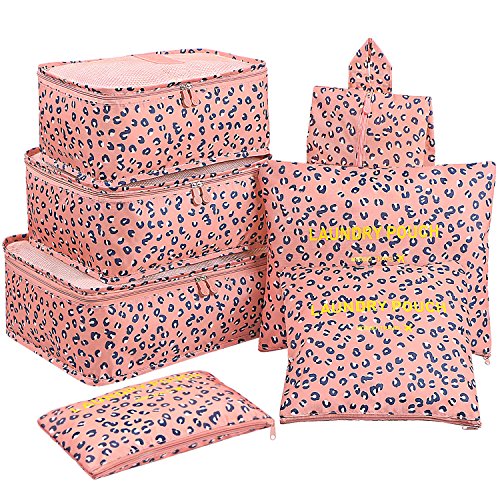 Mossio 신발 가방 포함 7세트 패킹 큐브 - 여행용 휴대용 수하물 정리함 - color: 핑크 레오파드.