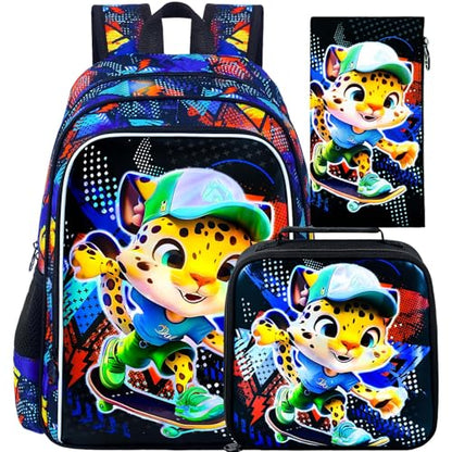 CCJPX 3Pcs Backpack for Boys, 16 Inch Preschool Elementary Kindergarten School Backpacks and Lunch Box - color: Black Leopard