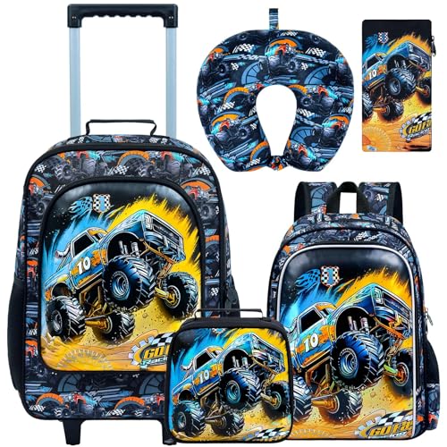 5Pcs Kids Luggage Set, 18" Boys Travel Suitcases with Wheels, Car Carry on Rolling Luggage Airline Approved (Black) - color: Truck Black 01