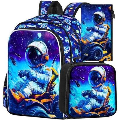 CCJPX 3Pcs Backpack for Boys, 16 Inch Preschool Elementary Kindergarten School Backpacks and Lunch Box - color: Blue Astronaut 001