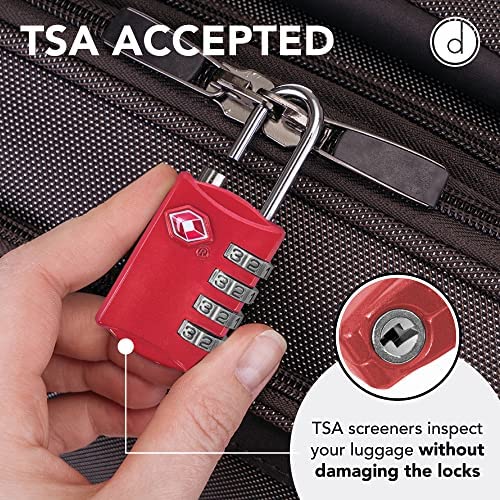 TSA Luggage Locks 2 Pack – 4-Digit Steel – Red | Keyless padlock for backpacks, travel suitcases, toolbox, filing cabinets, baggage & gym locker
