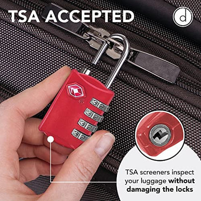 TSA Luggage Locks 2 Pack – 4-Digit Steel – Red | Keyless padlock for backpacks, travel suitcases, toolbox, filing cabinets, baggage & gym locker
