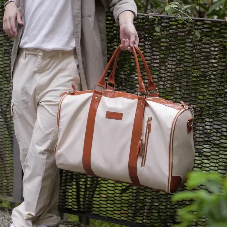 Weekender Travel Duffel Bag for Women, Carry On Overnight Bag with Shoe Compartment, Waterproof Large Capacity Travel Tote Bag with Adjustable Shoulder Strap, Beige & Brown - color: Beige
