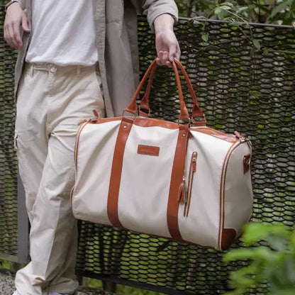 Weekender Travel Duffel Bag for Women, Carry On Overnight Bag with Shoe Compartment, Waterproof Large Capacity Travel Tote Bag with Adjustable Shoulder Strap, Beige & Brown - color: Beige