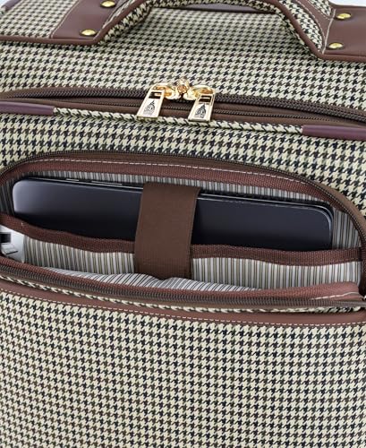 London Fog Cambridge 20" Expandable Spinner Carry-On Softside Suitcase with Padded Laptop Compartment, Olive Houndstooth