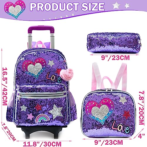 Meetbelify Girls Rolling Backpack Sequin Rolling Backpacks with Wheels for Girls for Elementary School Bag - color: A Purple Love