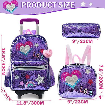 Meetbelify Girls Rolling Backpack Sequin Rolling Backpacks with Wheels for Girls for Elementary School Bag - color: A Purple Love