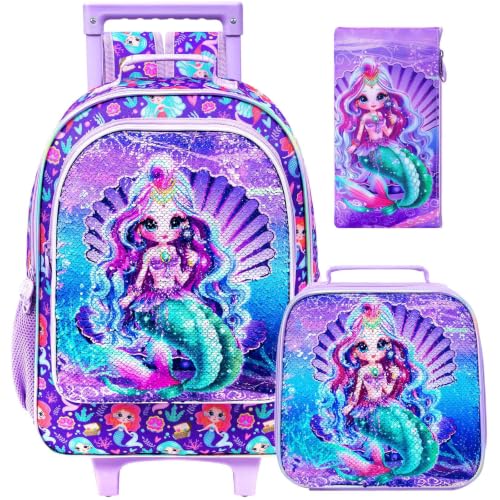 gxtvo Kids Rolling Backpack, Roller Wheels Boys Bookbag, Wheeled Suitcase Elementary School Bag-3PCS Dinosaur/Unicorn/Mermaid - color: Sequins Mermaid Rolling Backpack Purple