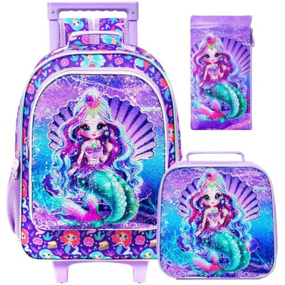 gxtvo Kids Rolling Backpack, Roller Wheels Boys Bookbag, Wheeled Suitcase Elementary School Bag-3PCS Dinosaur/Unicorn/Mermaid - color: Sequins Mermaid Rolling Backpack Purple
