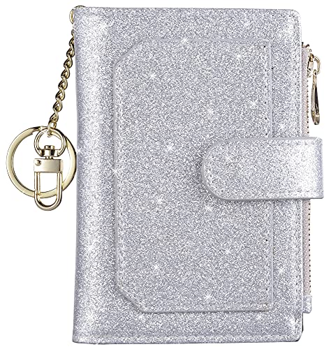 Womens Wallets RFID Small Compact Bifold Leather Card Holder Zip Pocket - color: Glitter Silver