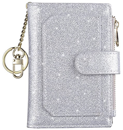 Womens Wallets RFID Small Compact Bifold Leather Card Holder Zip Pocket - color: Glitter Silver
