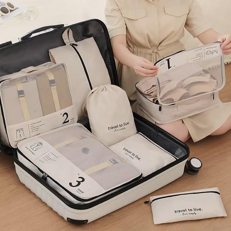 7 Set Packing Cubes for Travel, Compression Luggage Organizer Bags for Suitcase Mesh Travel Essentials with Shoe Bag, Drawstring Bag & Clothing Organizer for Carry On, Beige