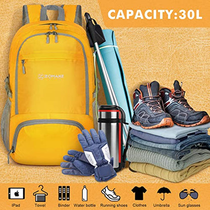 ZOMAKE Lightweight Packable Backpack 30L, Foldable Travel Hiking Daypack - color: C-yellow