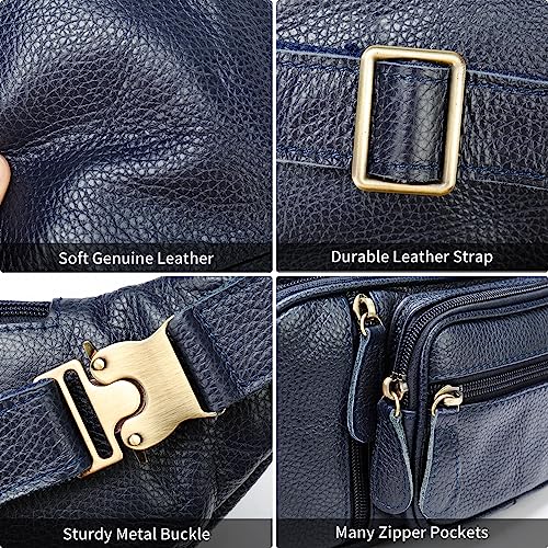 Genuine Leather Fanny Pack large capacity Crossbody Waist Bag with Zipper phone Pockets dark blue - color: Dark Blue
