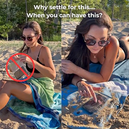 방수 휴대폰 포켓이 있는 퀵 드라이 비치 타월 - 모래 방지, 수영장, 보트, 캠핑 및 야외 모험을 위한 컴팩트 여행용 타월 (로열 블루 및 틸) - color: 로열 블루 & 틸