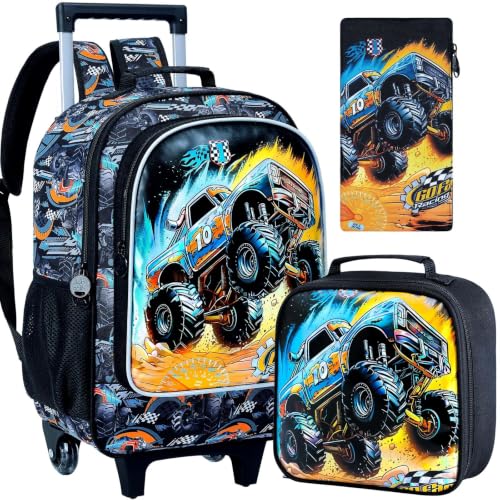 3PCS Truck Rolling Backpack for Boys, Kids Roller Bookbag with Wheels, Car Wheeled School Backpack for Elementary Preschool Kindergarten(Black) - color: Car Black