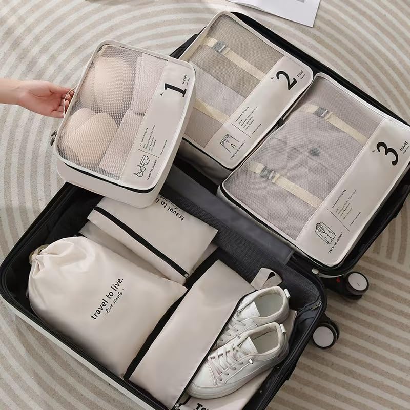 7 Set Packing Cubes for Travel, Compression Luggage Organizer Bags for Suitcase Mesh Travel Essentials with Shoe Bag, Drawstring Bag & Clothing Organizer for Carry On, Beige