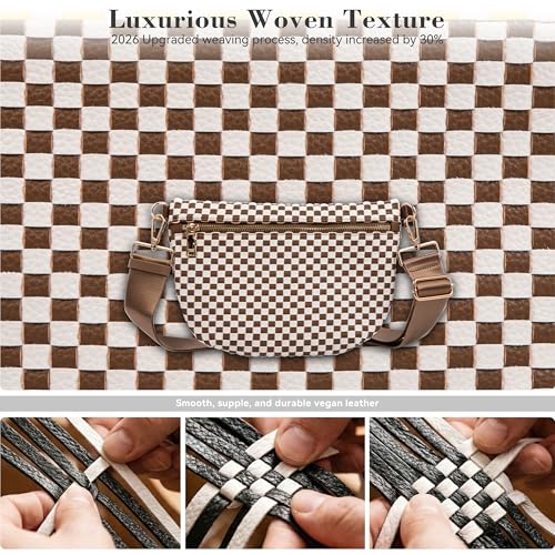 Woven Crossbody Bag for Women, Checkered PU Bum Bag Sling Purse with Adjustable Strap for Travel, Festivals - color: Brown and White Checkered Woven