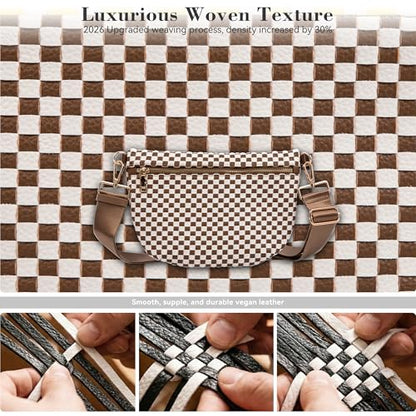 Woven Crossbody Bag for Women, Checkered PU Bum Bag Sling Purse with Adjustable Strap for Travel, Festivals - color: Brown and White Checkered Woven