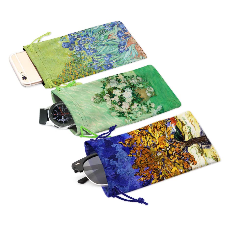 WIRESTER Set of 3 Polyester Sunglasses Pouch, Eyeglasses Soft Case with Drawstring Closure - color: Mulberry, Irises, Vase With Pink Roses Van Gogh