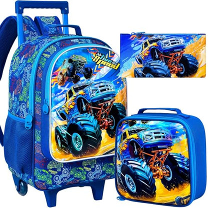 KLFVB Rolling Backpack for Girls Boys, Kids Roller Wheels School Bookbag with Lunch Bag, Wheeled School Bag for Children - color: Upgraded Uv Printing Blue 2*car Rolling Backpack