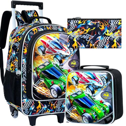 CCJPX Rolling Backpack for Boys, Kids Roller School Bag with Wheels Toddler Wheeled Bookbag Elementary - color: Red Green Race Car