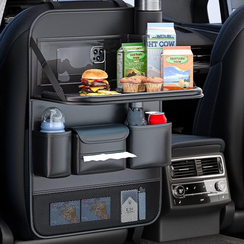 2 Pack Universal Foldable Car Backseat Organizer with Table Tray, Car Seat Back Protector with Touch Screen Phone Holder, Premium Leather Kick Mats with Storage Pockets Tissue Box (Black) - color: Blcak