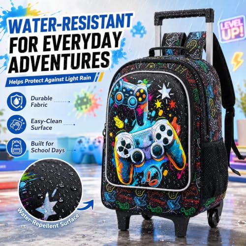 KLFVB Rolling Backpack for Girls Boys, Kids Roller Wheels School Bookbag with Lunch Bag, Wheeled School Bag for Children - color: Upgraded Uv Printing Game Console Set