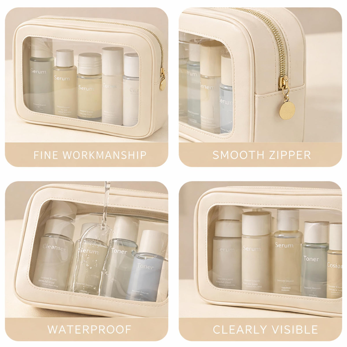 Clear Makeup Bag 3 Pack, TSA Compliant Toiletry Bags, Cream White Travel Cosmetic Pouch 9'' x 5.9'' x 2.36'', Transparent Organizer for Liquids, Carry-On Essentials
