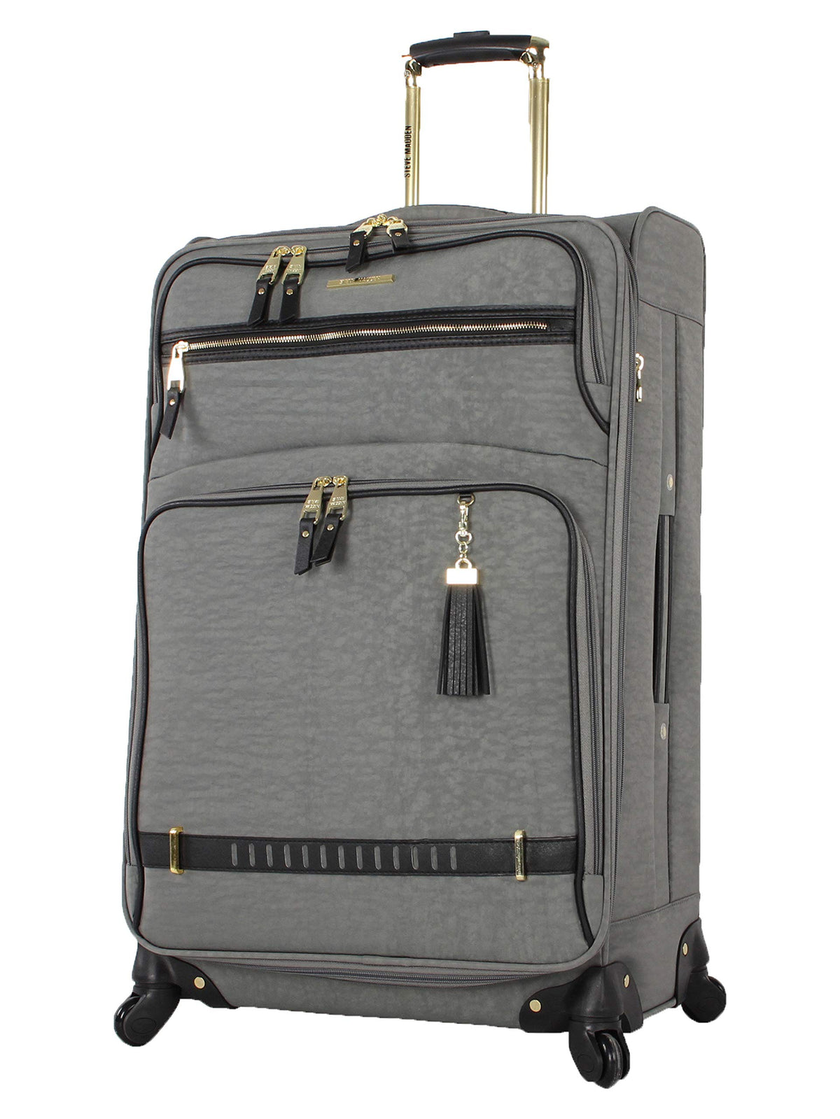 Steve Madden Designer Luggage Collection - Lightweight 24 Inch Expandable Softside Suitcase - Mid-size Rolling 4-Spinner Wheels Checked Bag (Peek A Boo Gray, 24in) - color: Peek A Boo Gray
